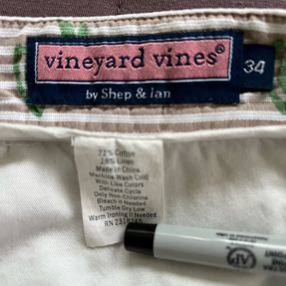 Vineyard Vines Linen Blend Club Shorts Brown White Striped Palm Trees Size 34 - Picture 5 of 10